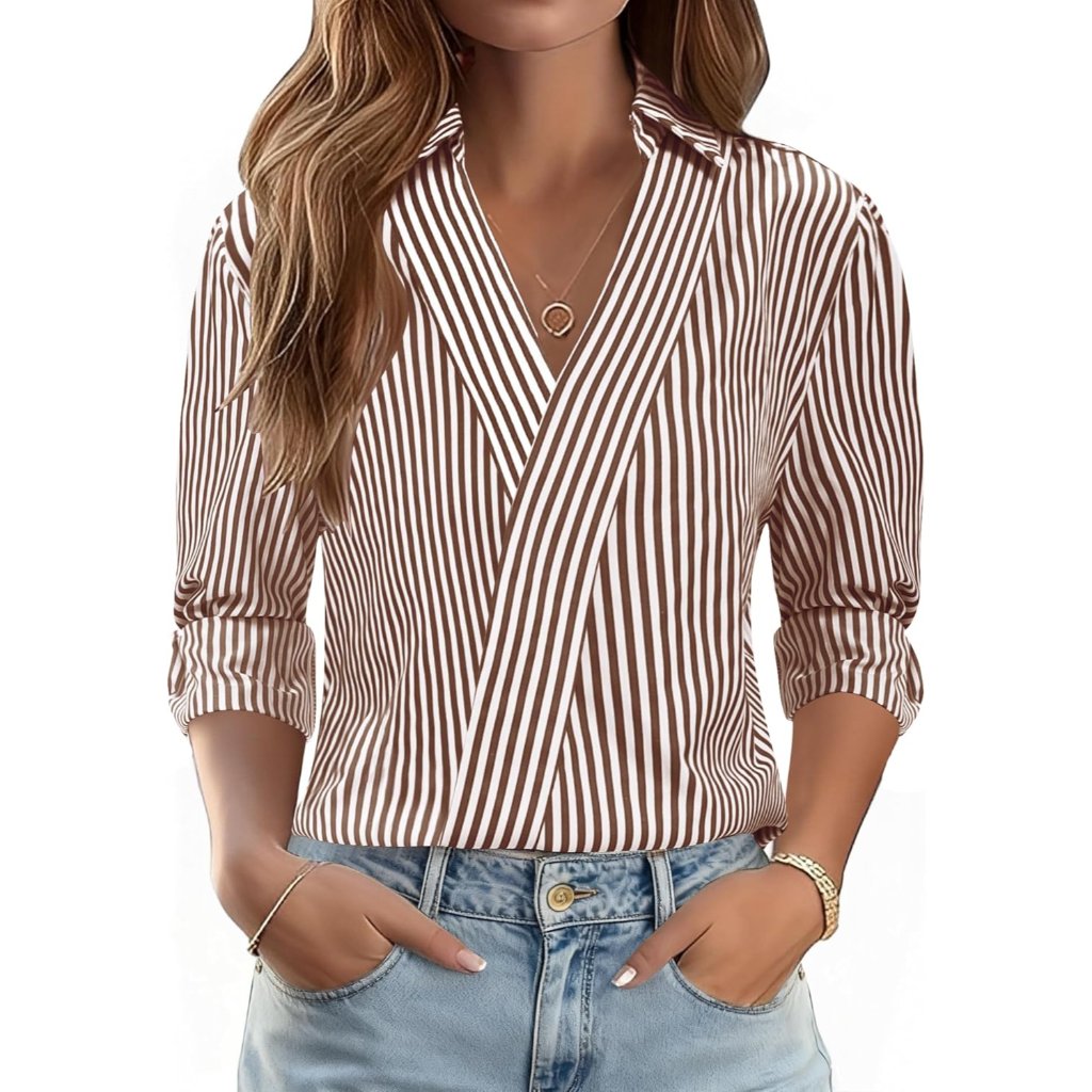 3/4 Length Sleeve Womens Tops Dressy V Neck Collared Shirts Trendy Business Casu